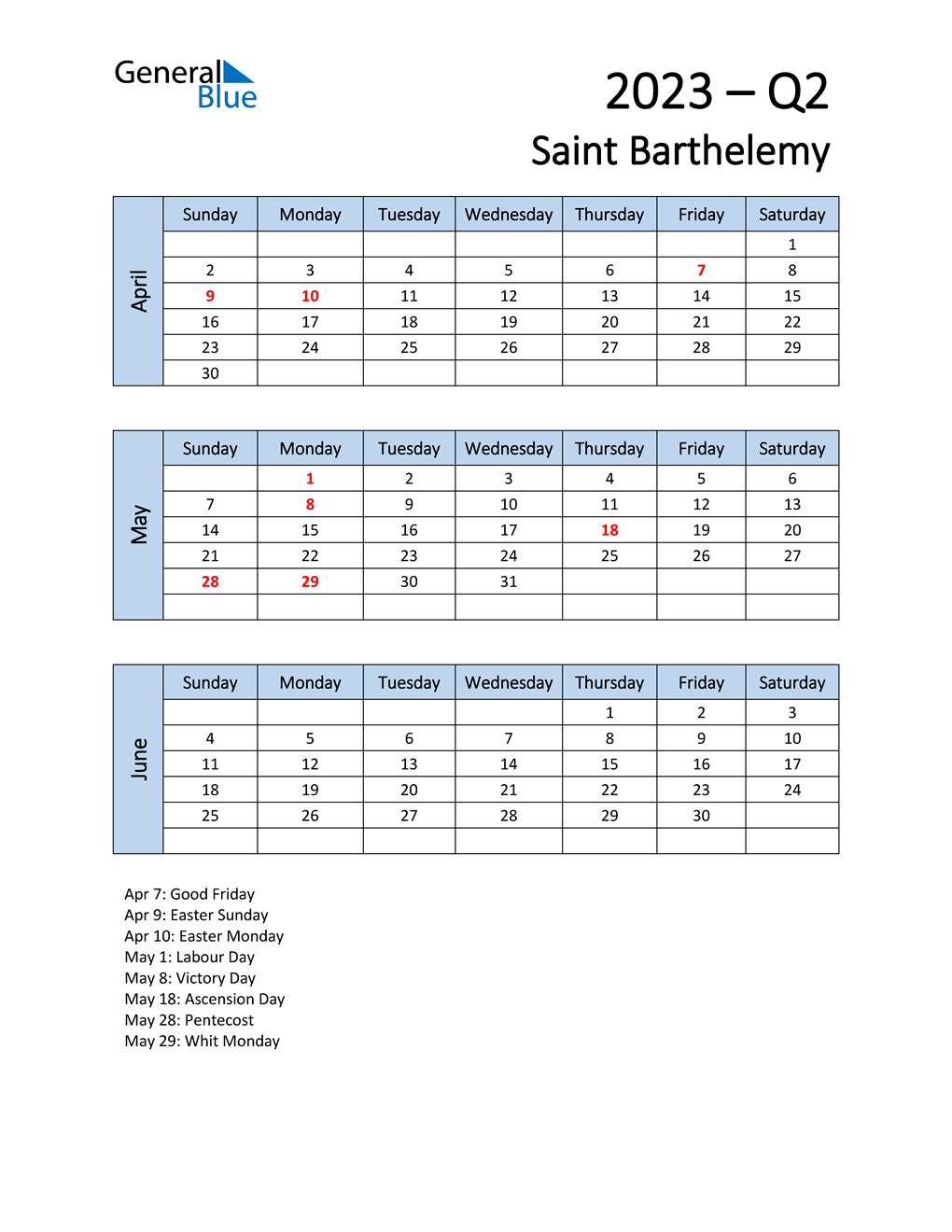  Free Q2 2023 Calendar for Saint Barthelemy