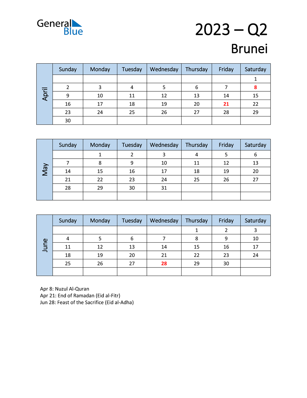  Free Q2 2023 Calendar for Brunei