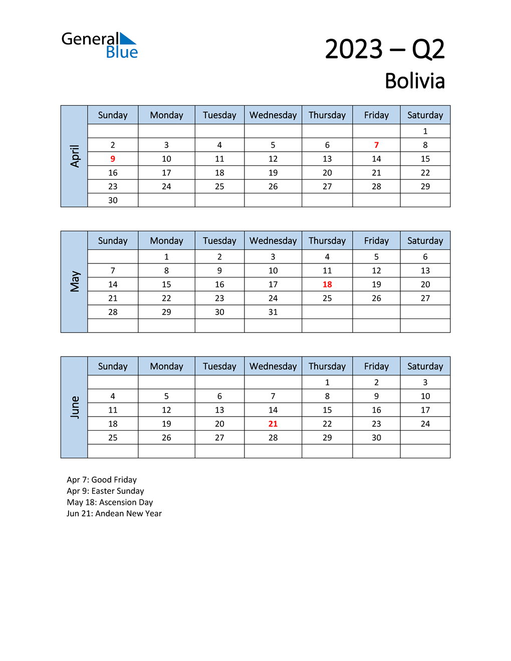  Free Q2 2023 Calendar for Bolivia