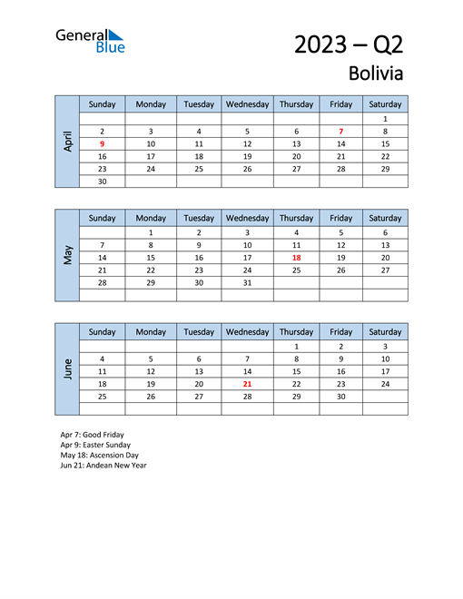  Free Q2 2023 Calendar for Bolivia