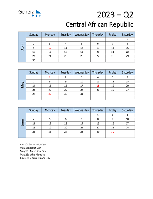  Free Q2 2023 Calendar for Central African Republic
