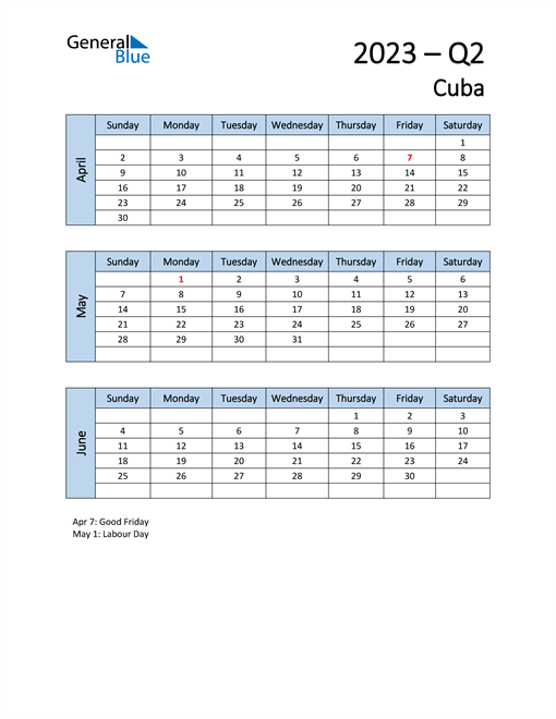  Free Q2 2023 Calendar for Cuba
