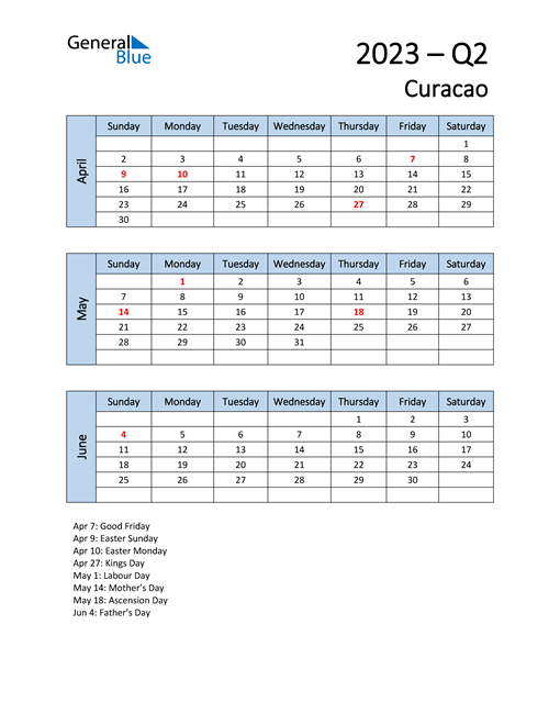  Free Q2 2023 Calendar for Curacao