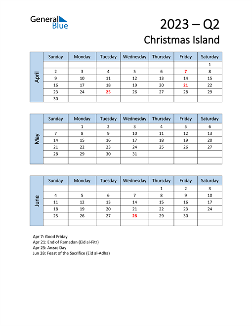  Free Q2 2023 Calendar for Christmas Island