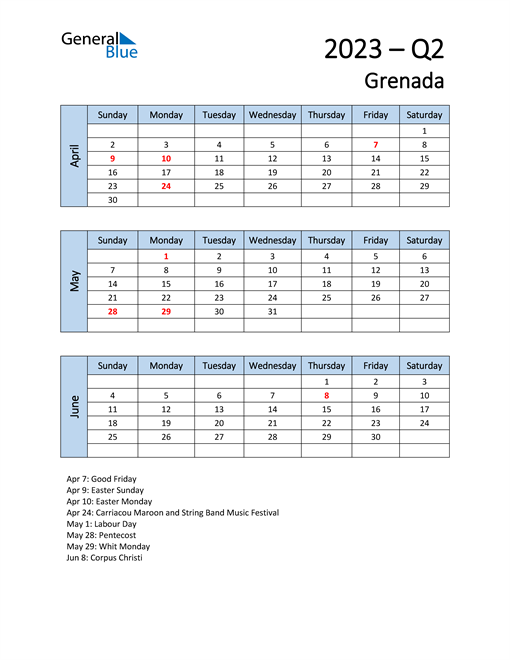  Free Q2 2023 Calendar for Grenada