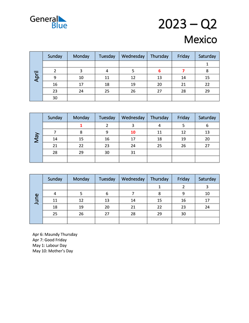  Free Q2 2023 Calendar for Mexico