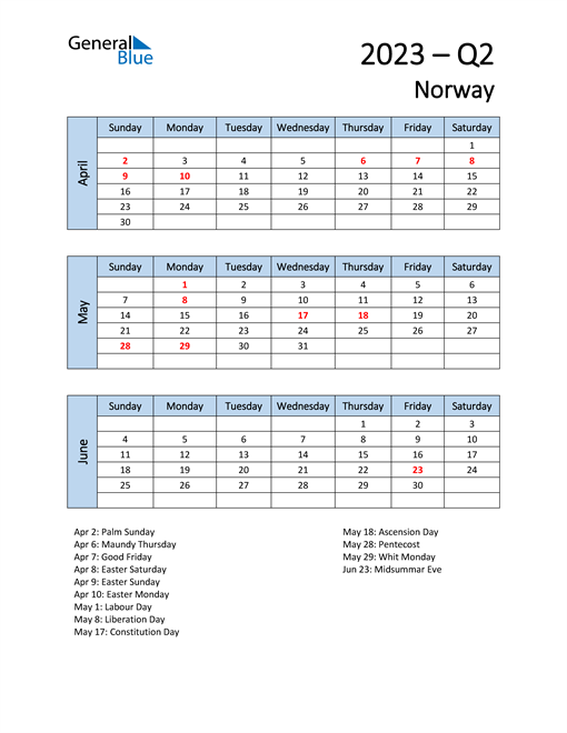  Free Q2 2023 Calendar for Norway