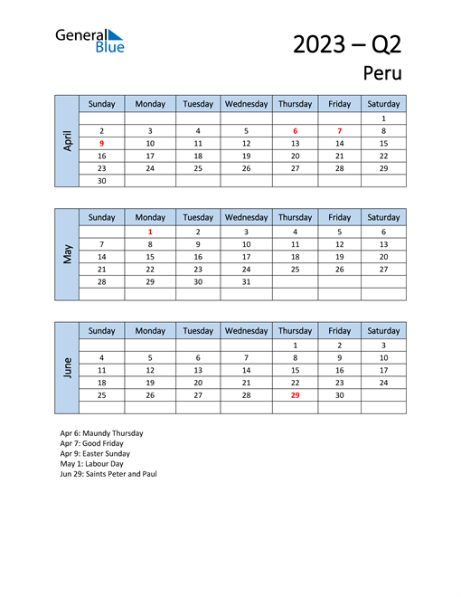  Free Q2 2023 Calendar for Peru