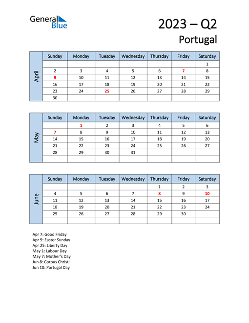  Free Q2 2023 Calendar for Portugal
