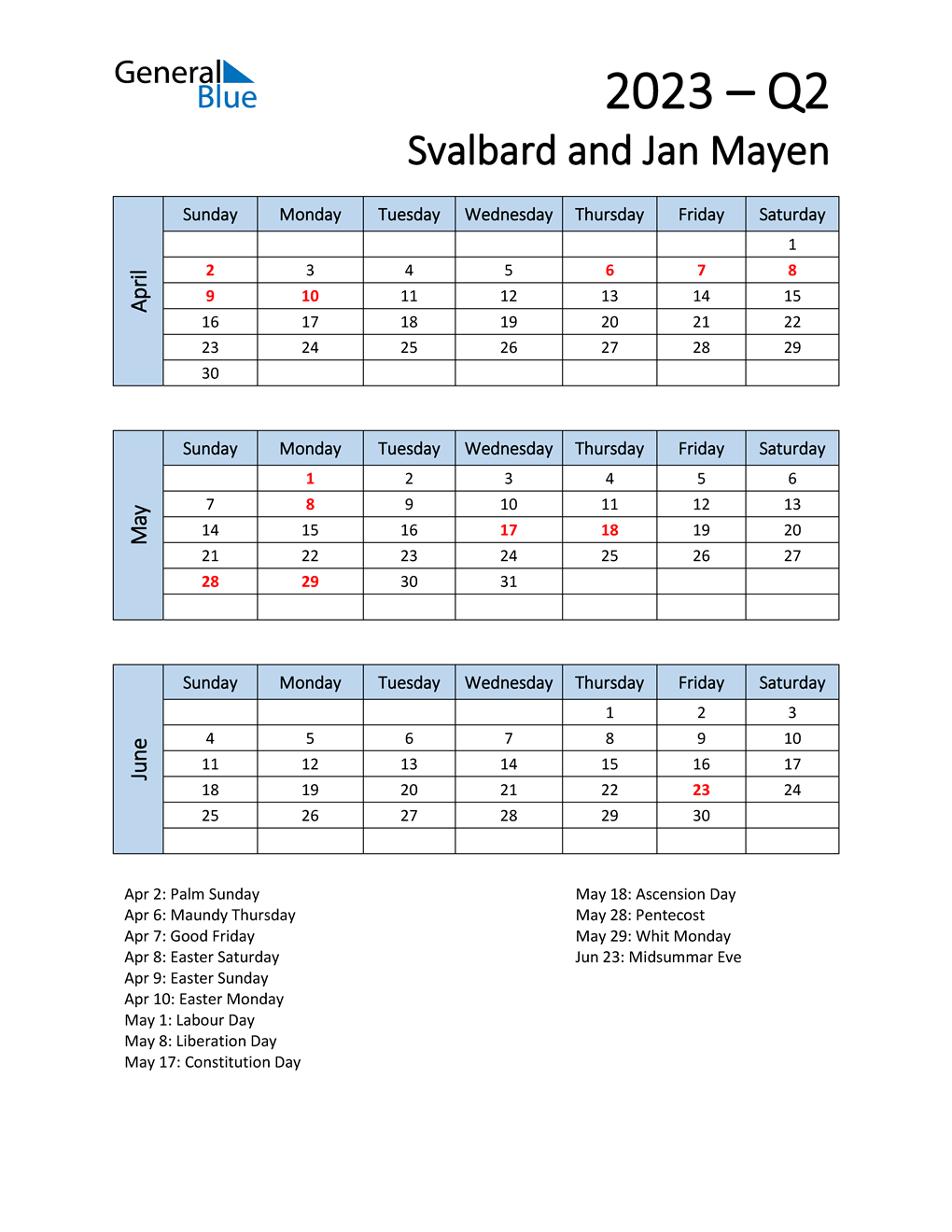  Free Q2 2023 Calendar for Svalbard and Jan Mayen
