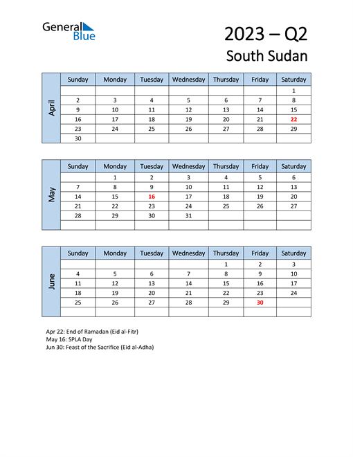  Free Q2 2023 Calendar for South Sudan