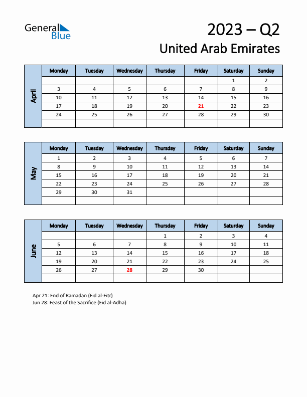 Free Q2 2023 Calendar for United Arab Emirates - Monday Start