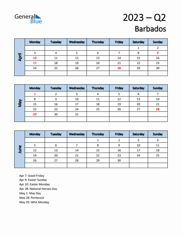 Free Q2 2023 Calendar for Barbados - Monday Start