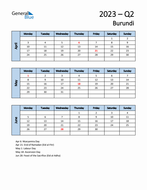 Free Q2 2023 Calendar for Burundi - Monday Start