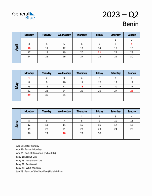 Free Q2 2023 Calendar for Benin - Monday Start
