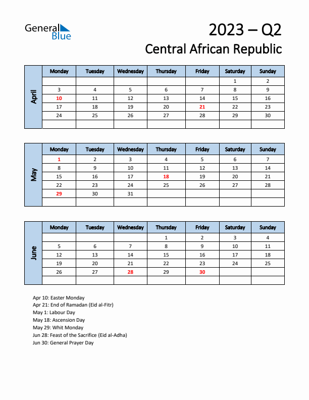 Free Q2 2023 Calendar for Central African Republic - Monday Start