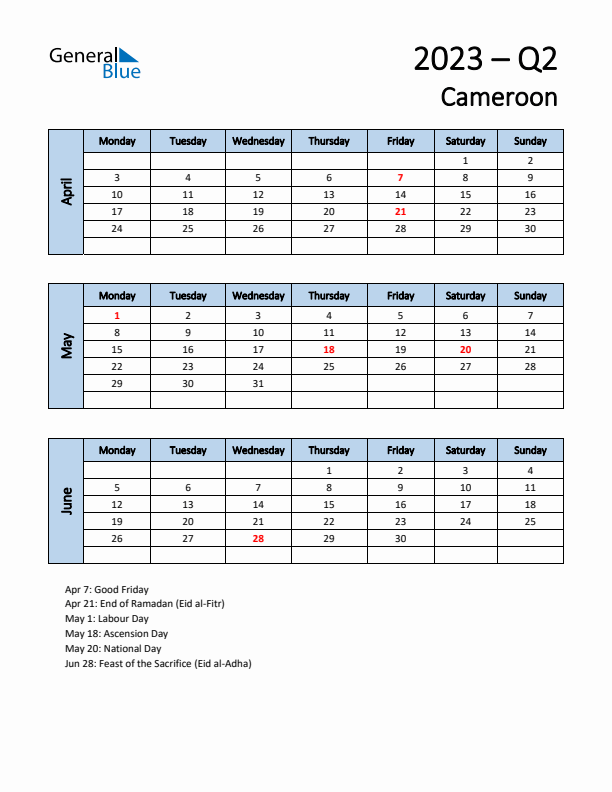 Free Q2 2023 Calendar for Cameroon - Monday Start