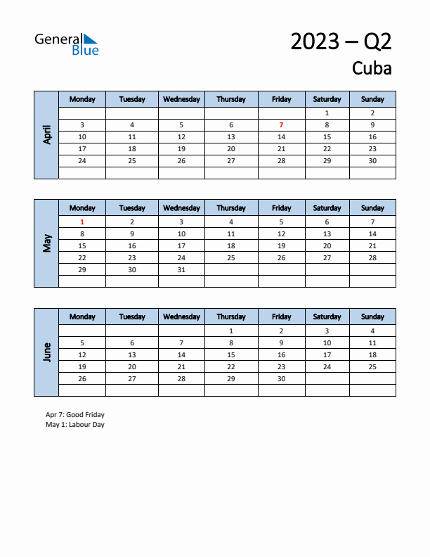 Free Q2 2023 Calendar for Cuba - Monday Start