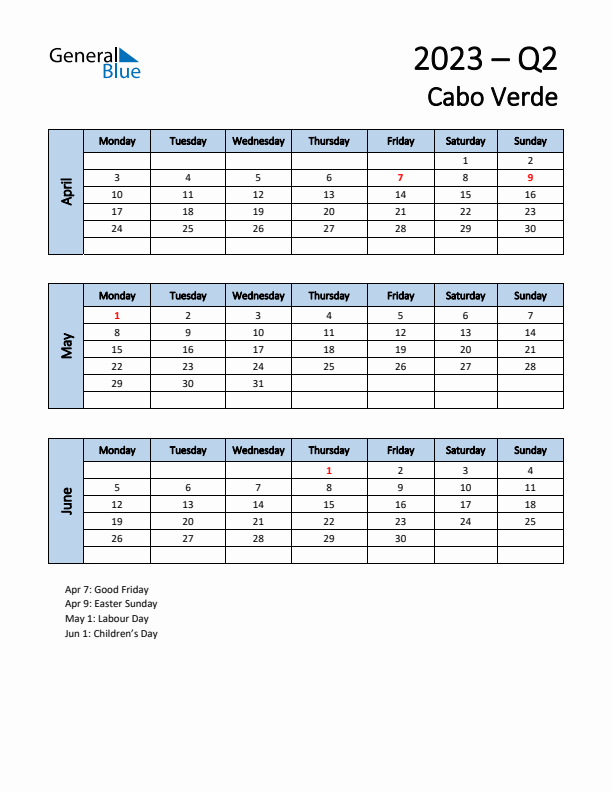 Free Q2 2023 Calendar for Cabo Verde - Monday Start