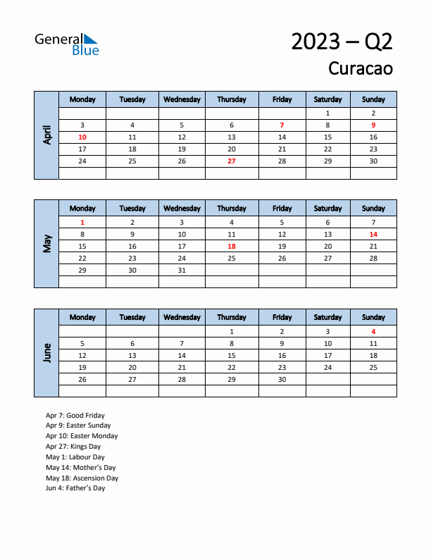 Free Q2 2023 Calendar for Curacao - Monday Start