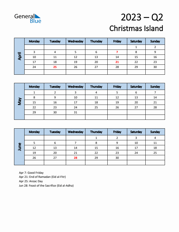 Free Q2 2023 Calendar for Christmas Island - Monday Start