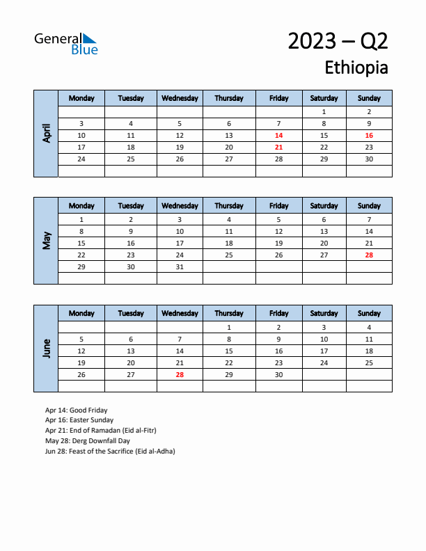 Free Q2 2023 Calendar for Ethiopia - Monday Start