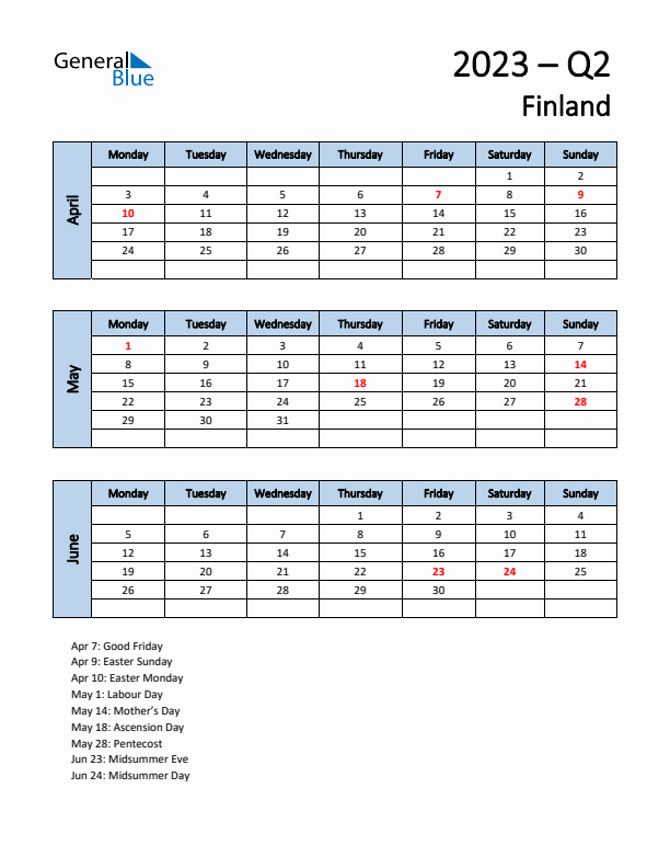Free Q2 2023 Calendar for Finland - Monday Start