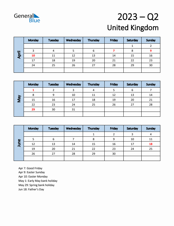 Free Q2 2023 Calendar for United Kingdom - Monday Start