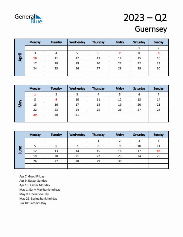 Free Q2 2023 Calendar for Guernsey - Monday Start