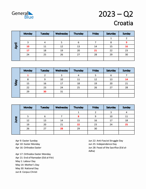 Free Q2 2023 Calendar for Croatia - Monday Start