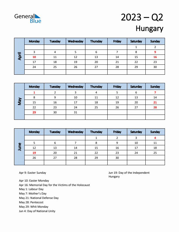 Free Q2 2023 Calendar for Hungary - Monday Start