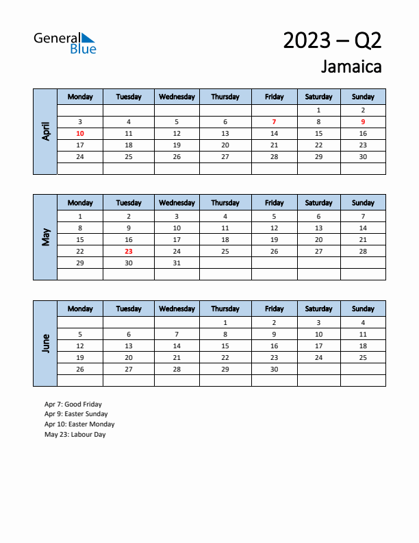 Free Q2 2023 Calendar for Jamaica - Monday Start