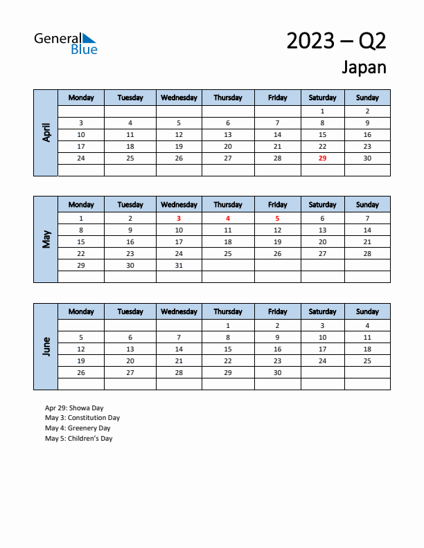Free Q2 2023 Calendar for Japan - Monday Start