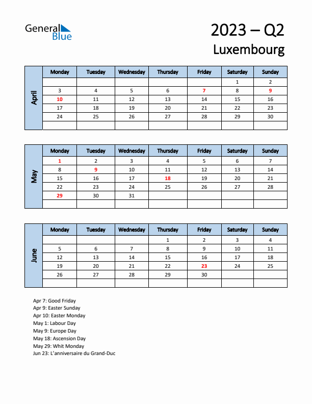 Free Q2 2023 Calendar for Luxembourg - Monday Start