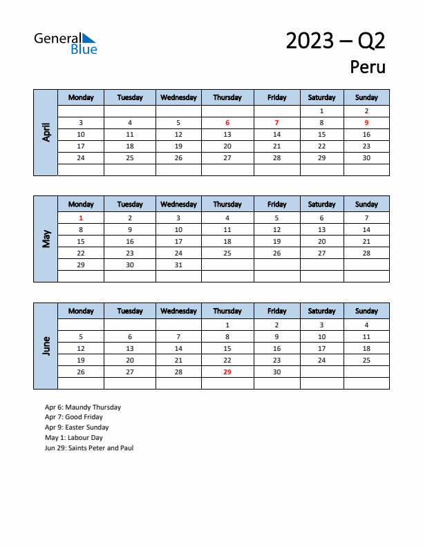 Free Q2 2023 Calendar for Peru - Monday Start
