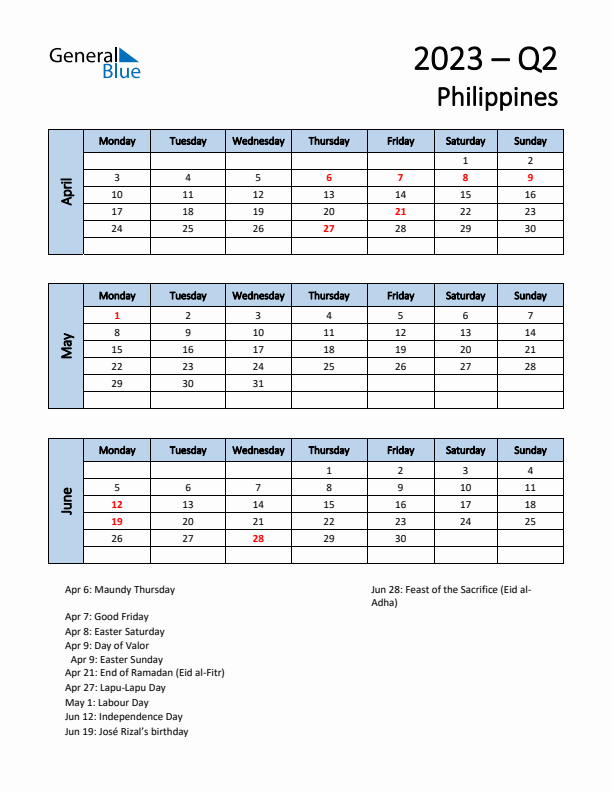 Free Q2 2023 Calendar for Philippines - Monday Start