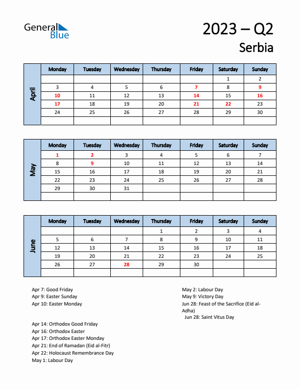 Free Q2 2023 Calendar for Serbia - Monday Start