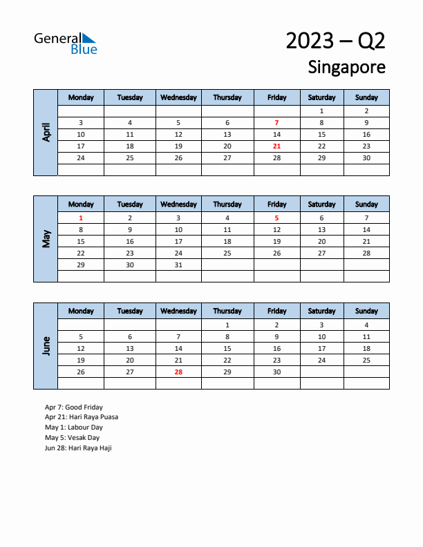 Free Q2 2023 Calendar for Singapore - Monday Start