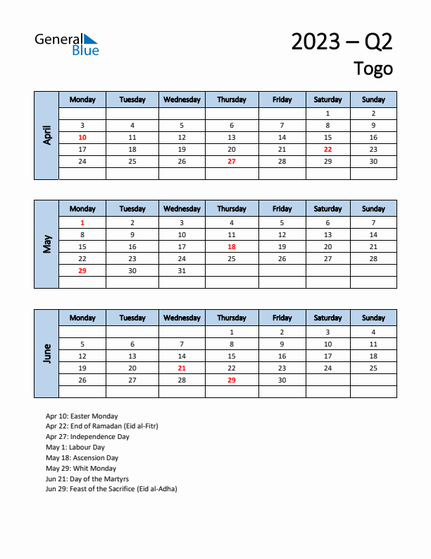 Free Q2 2023 Calendar for Togo - Monday Start