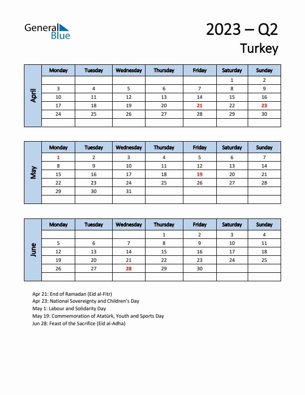 Free Q2 2023 Calendar for Turkey - Monday Start