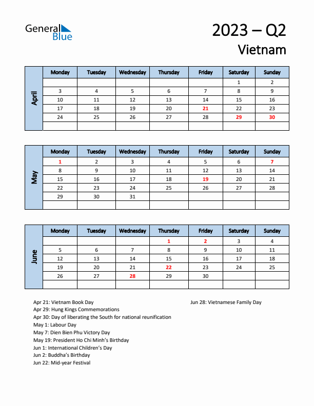 Free Q2 2023 Calendar for Vietnam - Monday Start