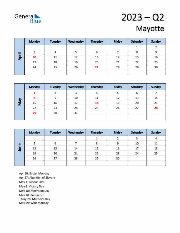 Free Q2 2023 Calendar for Mayotte - Monday Start