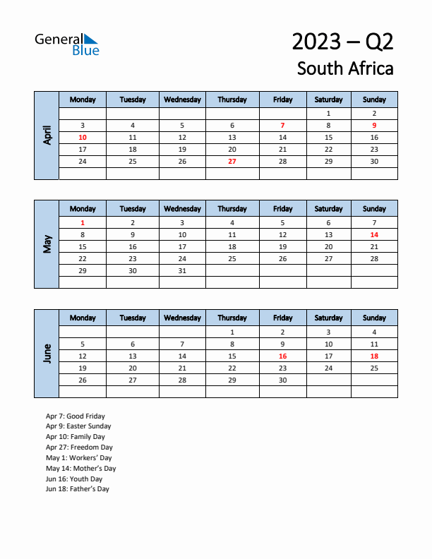 Free Q2 2023 Calendar for South Africa - Monday Start