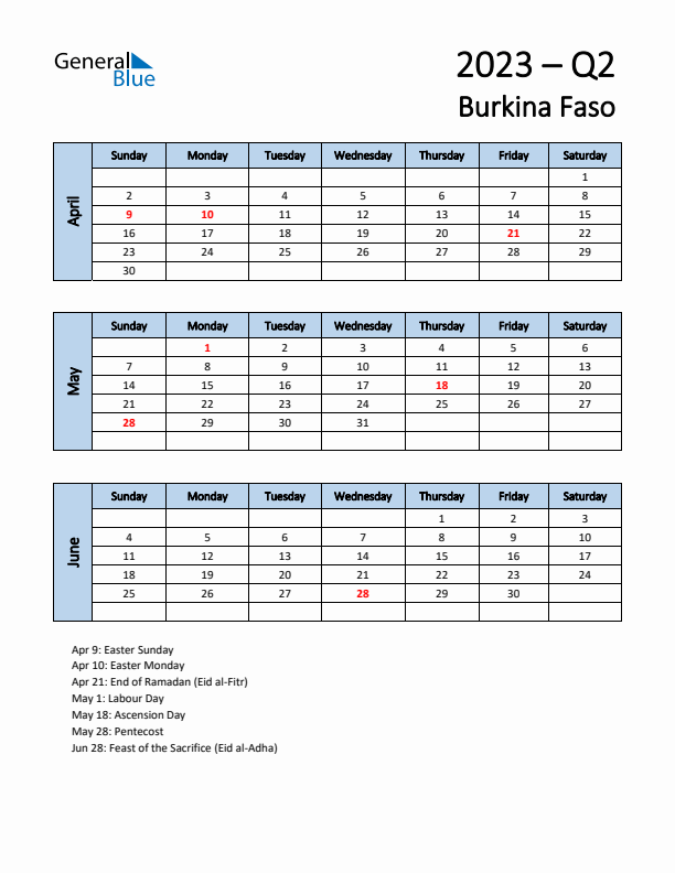 Free Q2 2023 Calendar for Burkina Faso - Sunday Start