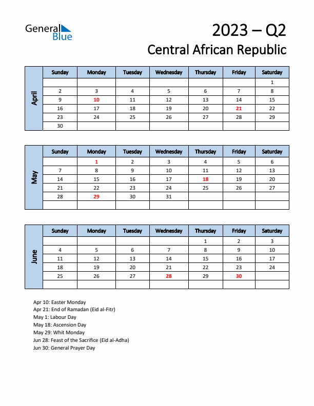 Free Q2 2023 Calendar for Central African Republic - Sunday Start
