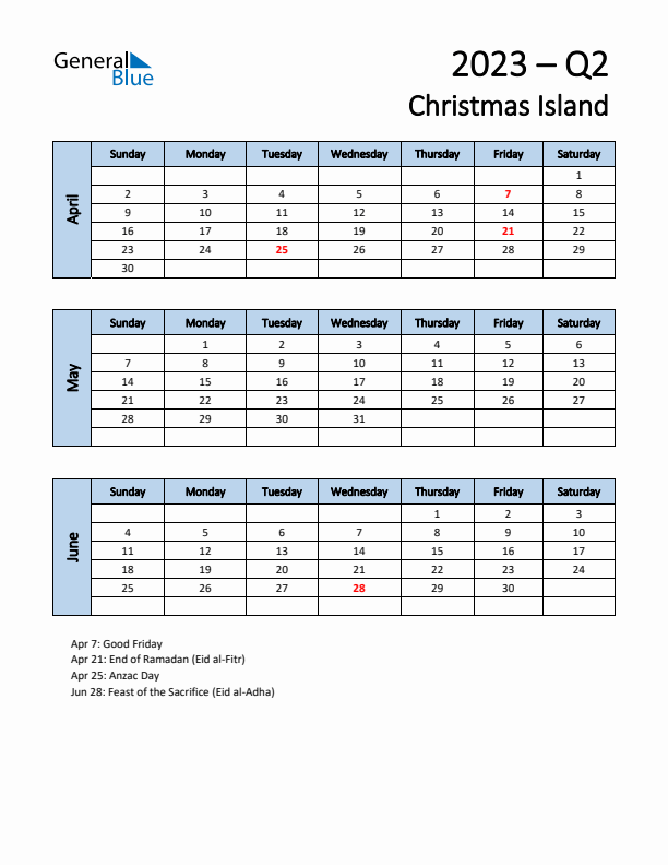 Free Q2 2023 Calendar for Christmas Island - Sunday Start