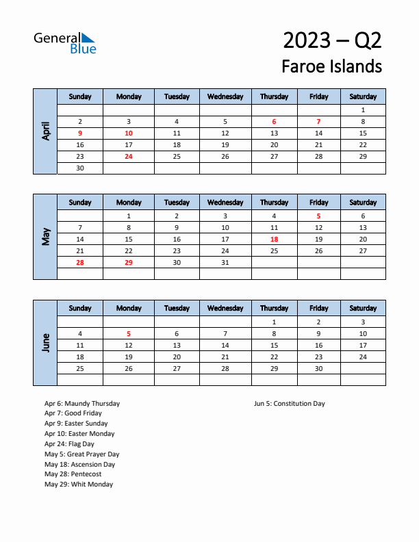 Free Q2 2023 Calendar for Faroe Islands - Sunday Start