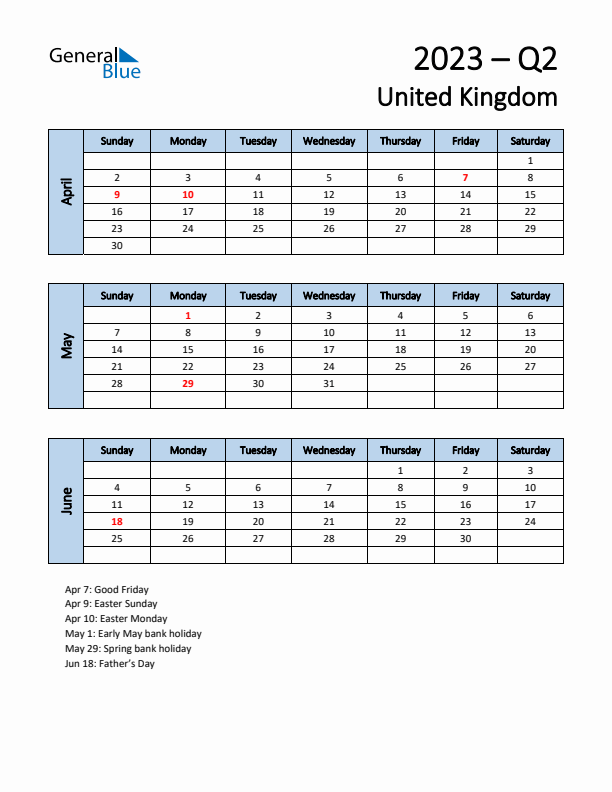 Free Q2 2023 Calendar for United Kingdom - Sunday Start