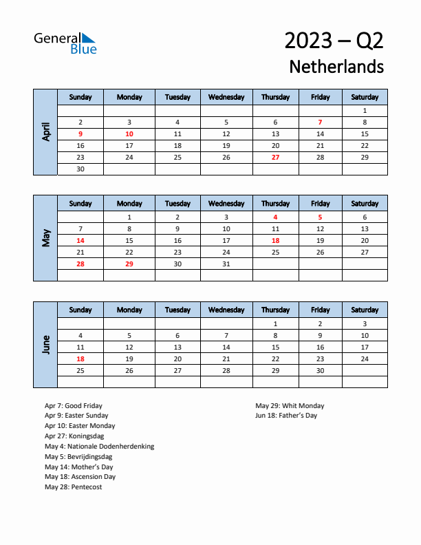 Free Q2 2023 Calendar for The Netherlands - Sunday Start