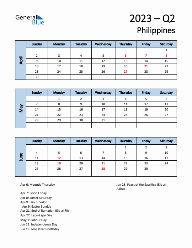 Free Q2 2023 Calendar for Philippines - Sunday Start